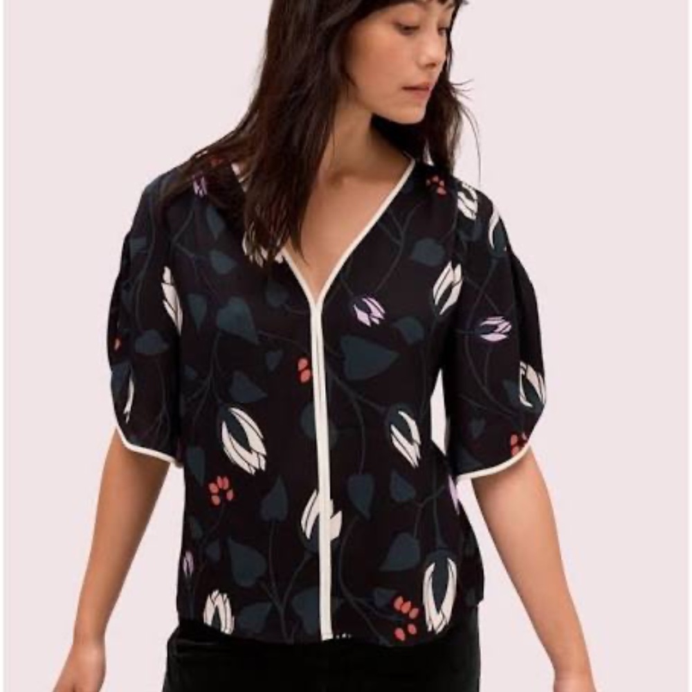 Kate Spade Deco Bloom Black Floral Short Sleeve Crepe Blouse Size Medium